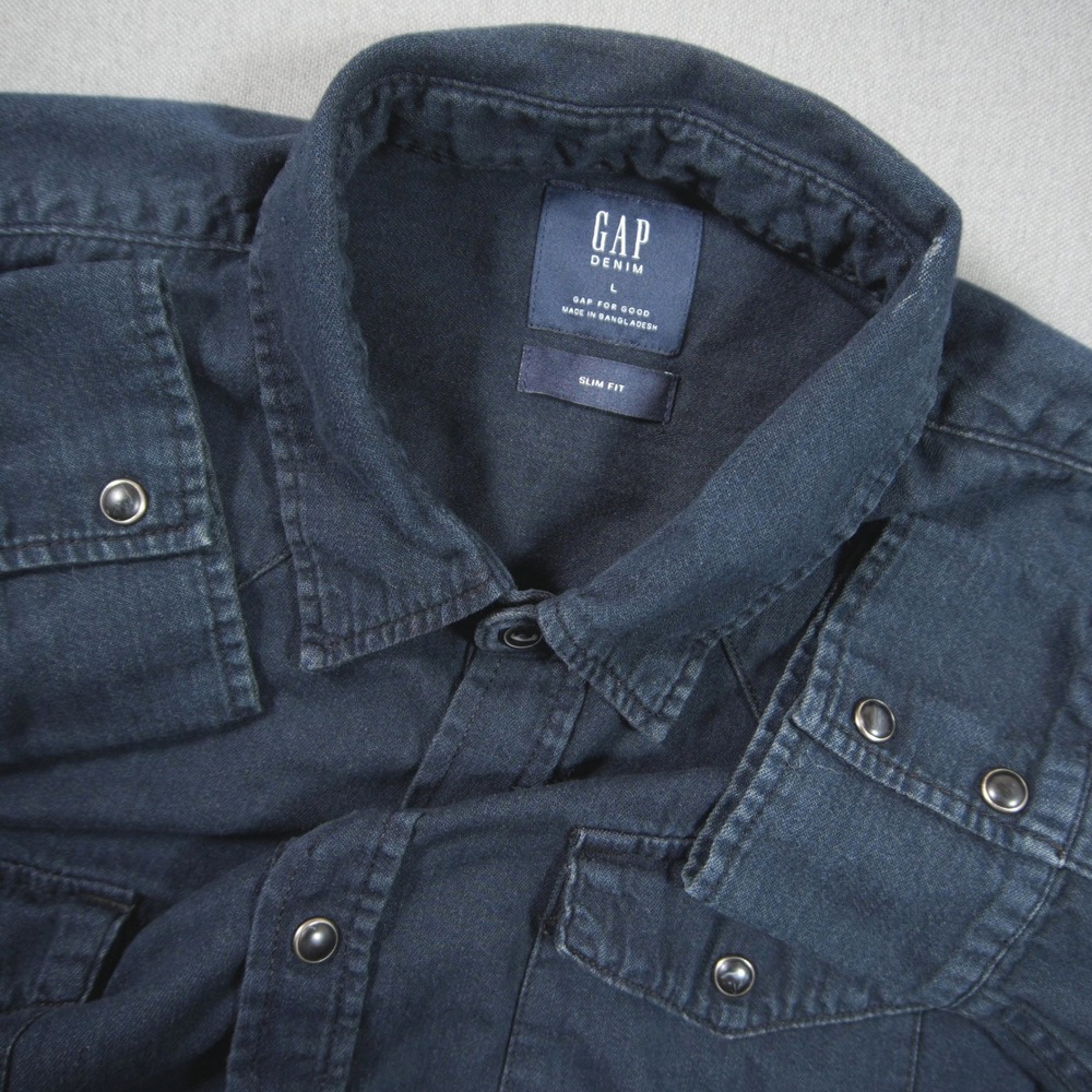 Gap Chambray Western Dark Wash Denim Men Shirt L Slim Fit Cowboy Rodeo Coastal